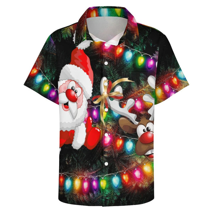 Santa Elk String Lights Casual Short Sleeve Shirt 2310000691