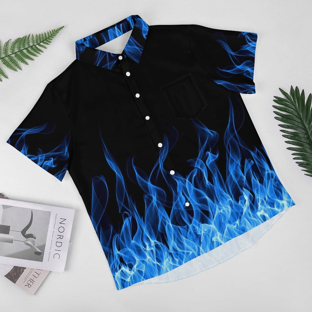 Men's Flame Print Casual Fashion Chest Pocket Short Sleeve Shirt 2307101674
