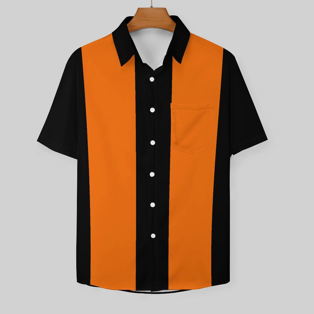 Men's Vintage 50s Style Black Orange Classic Bowling Shirt Short Sleeve Shirt 2307100608