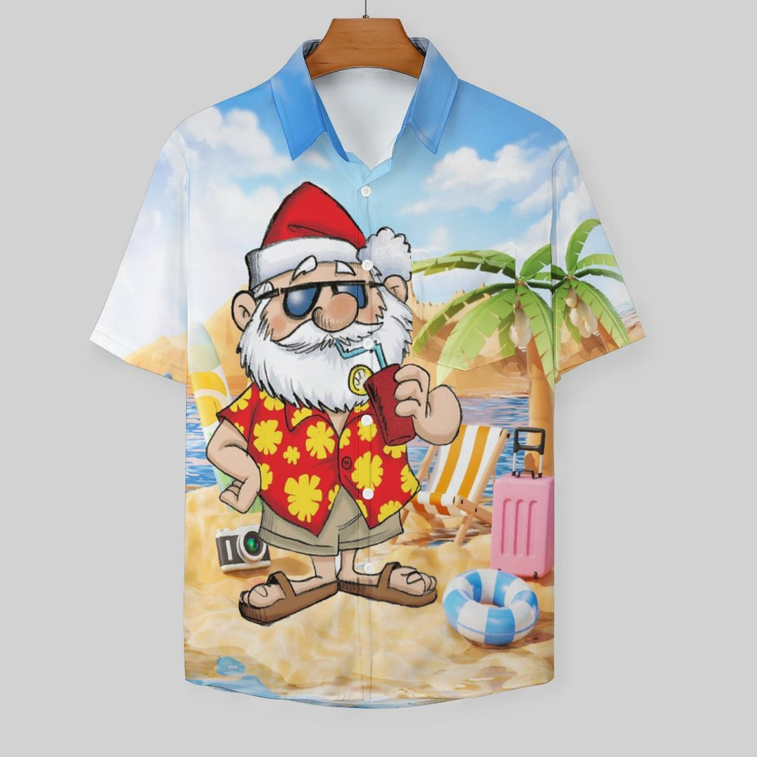 Santa's Beach Vacation Casual Print Chest Pocket Short Sleeve Shirt 2308100154