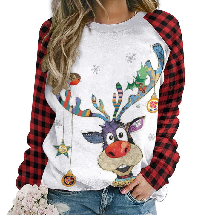 Women's Raglan Round Neck Christmas Elk Print Sweatshirt 2310000561