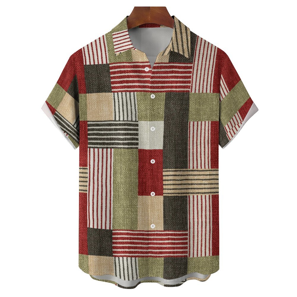 Retro Geometric Print Men's Button Pocket Sleeve Shirt 2311000491