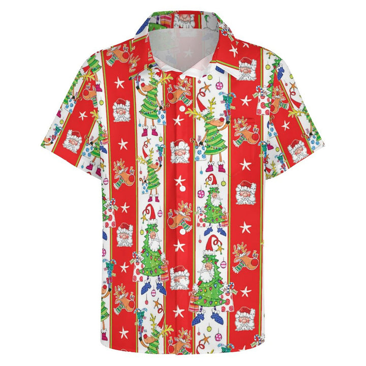 Christmas Stripe Casual Print Chest Pocket Short Sleeve Shirt 2309000603
