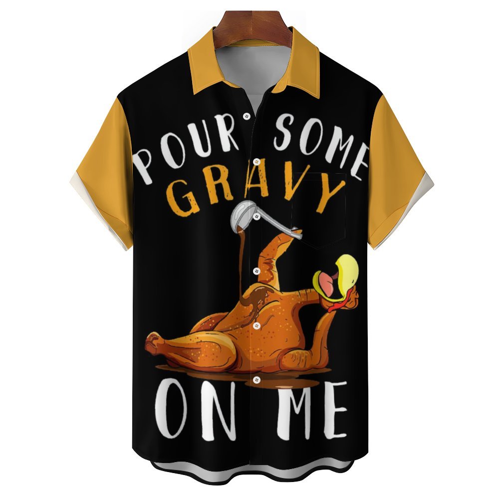 Men's Thanksgiving Fun Turkey POUR SOME GRAVY ON ME Printed Short Sleeve Shirt 2310000934