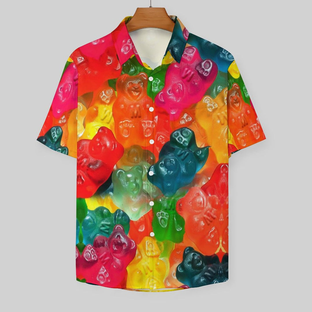 Gummy Bear Print Casual Chest Pocket Short Sleeve Shirt 2309000428