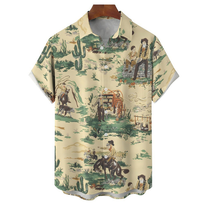 Men's Retro Cowboy Casual Short Sleeve Shirt 2402000018