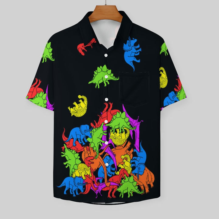 Dinosaur Falling Print Casual Chest Pocket Short Sleeve Shirt 2309000649