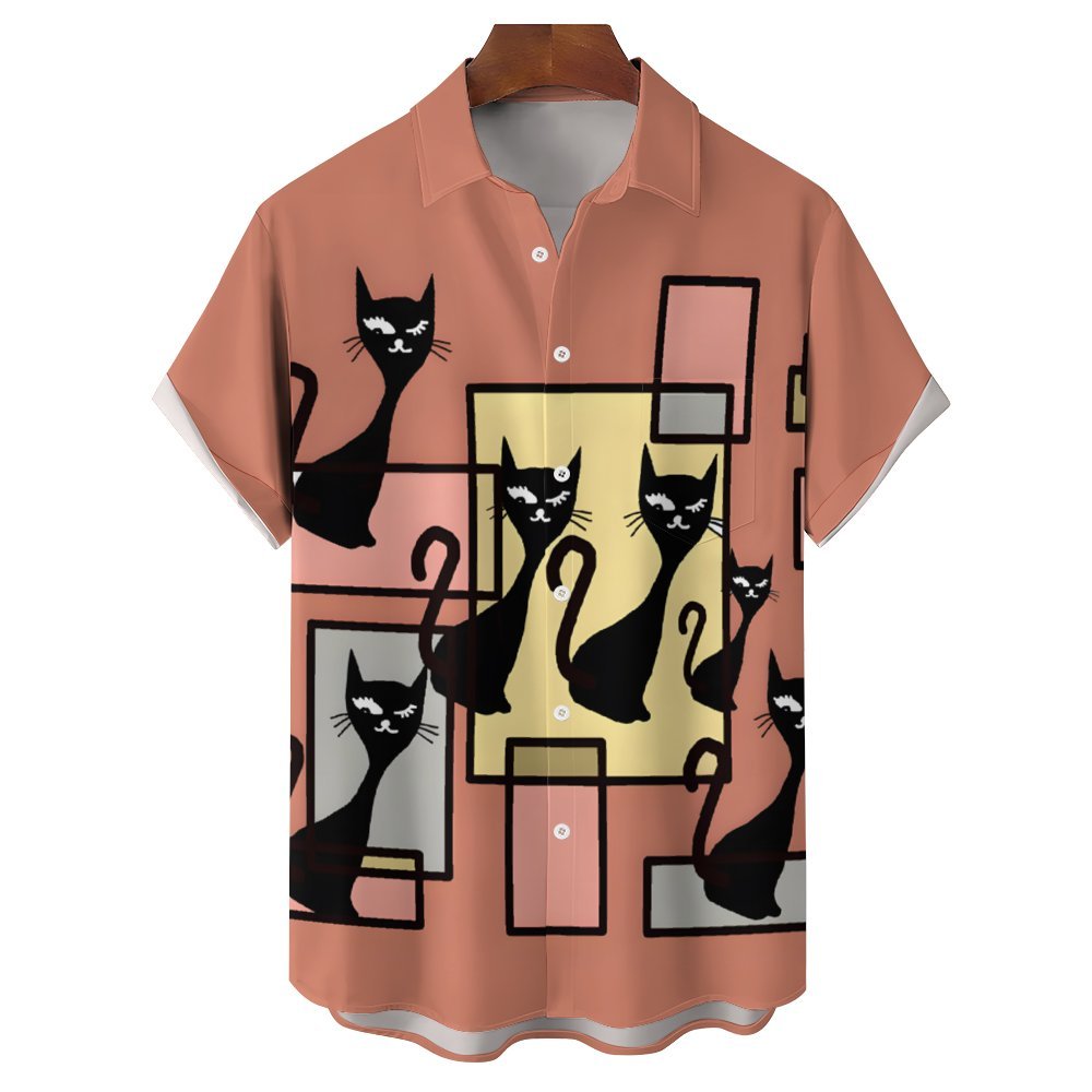 Geometric Black Cat Casual Short Sleeve Shirt 2401000101