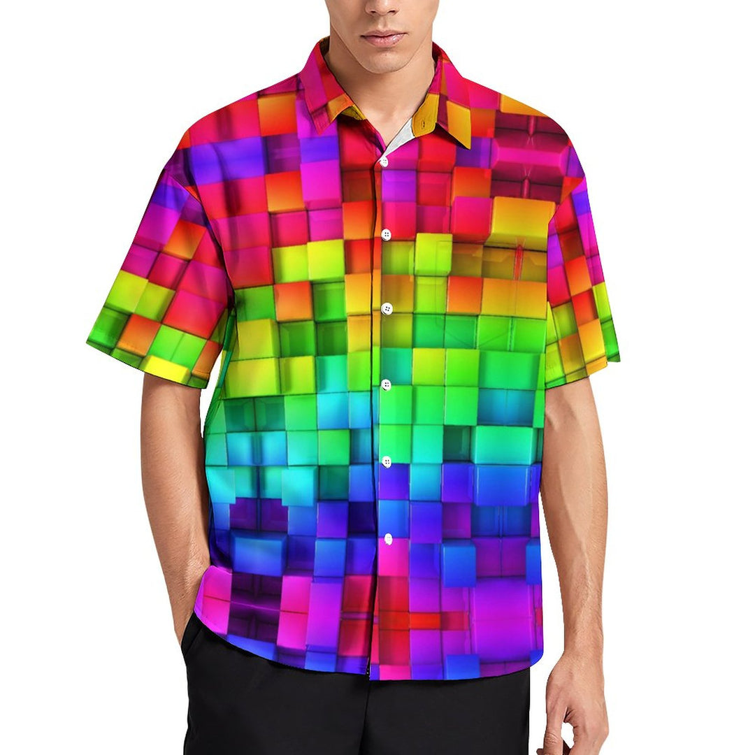 Men's Gradient Color 3D Square Printing Casual Fashion Short Sleeve Shirt 2307101478