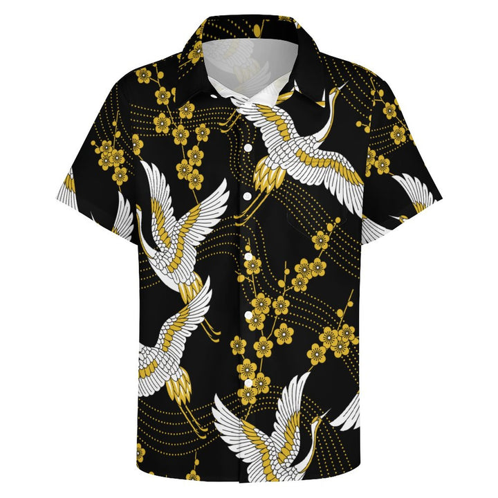 Men's White Crane Art Casual Short Sleeve Shirt 2312000438