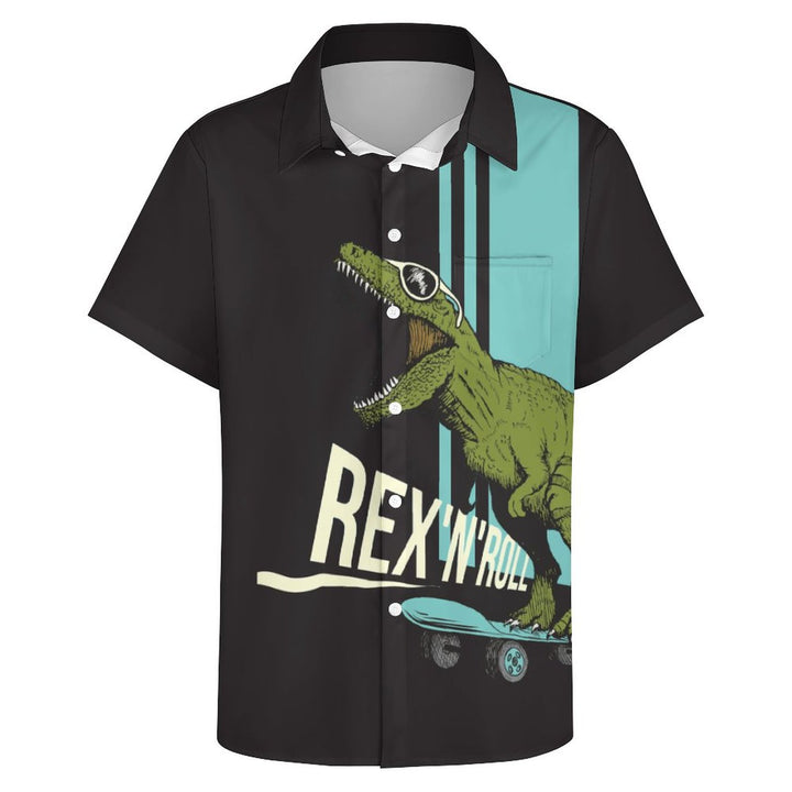 Dinosaur Printed Casual Chest Pocket Short Sleeve Shirt 2309000608