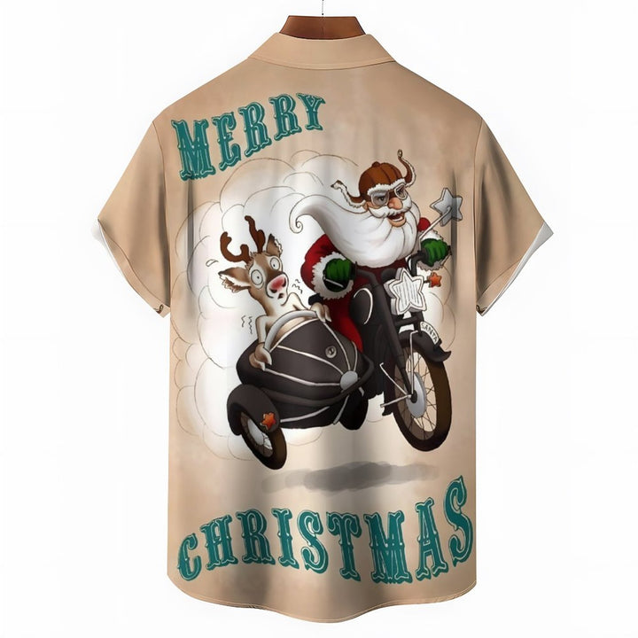 Santa Claus Motorcycle Printed Casual Short Sleeved Shirt 2310000744