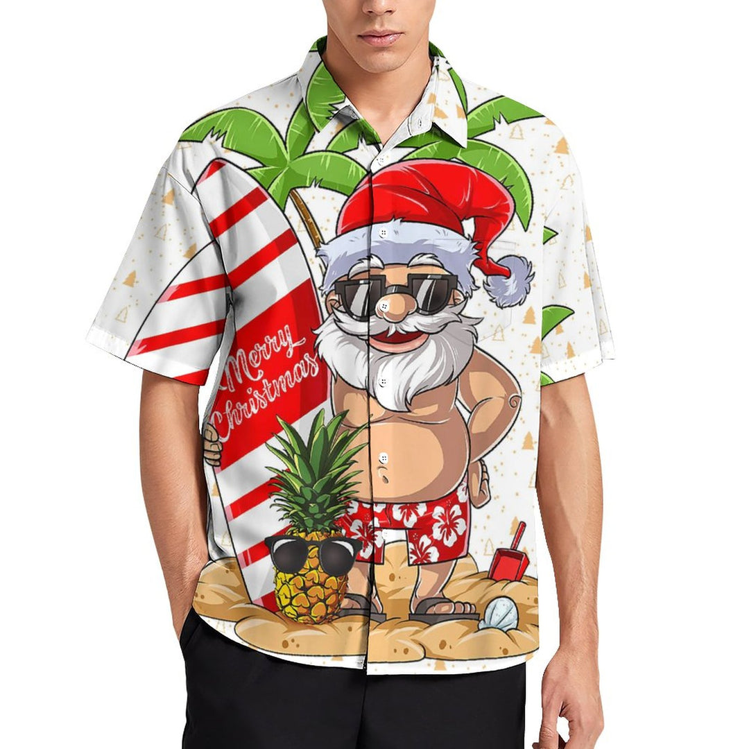 Santa's Beach Vacation Casual Print Chest Pocket Short Sleeve Shirt 2308100131
