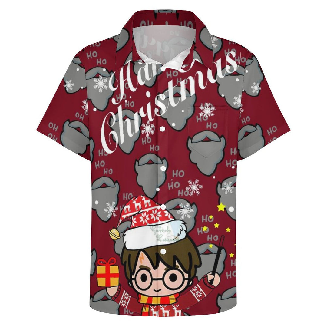 Casual Merry Christmas Chest Pocket Short Sleeve Shirt 2309000377