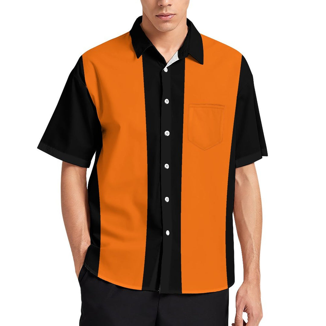 Men's Vintage 50s Style Black Orange Classic Bowling Shirt Short Sleeve Shirt 2307100608