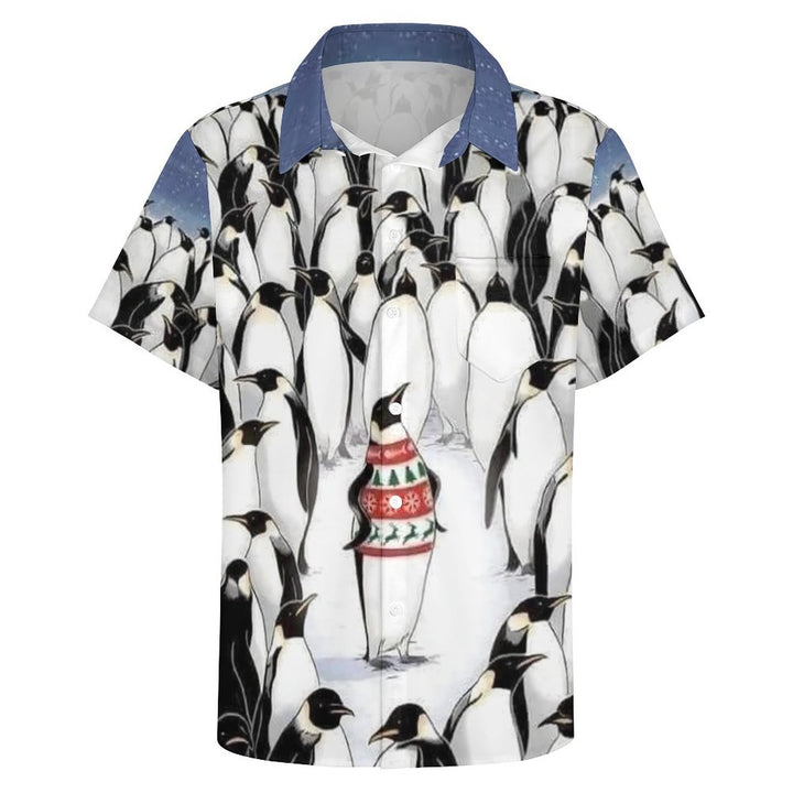 Men's Christmas Penguin Print Casual Short Sleeve Shirt 2310001001