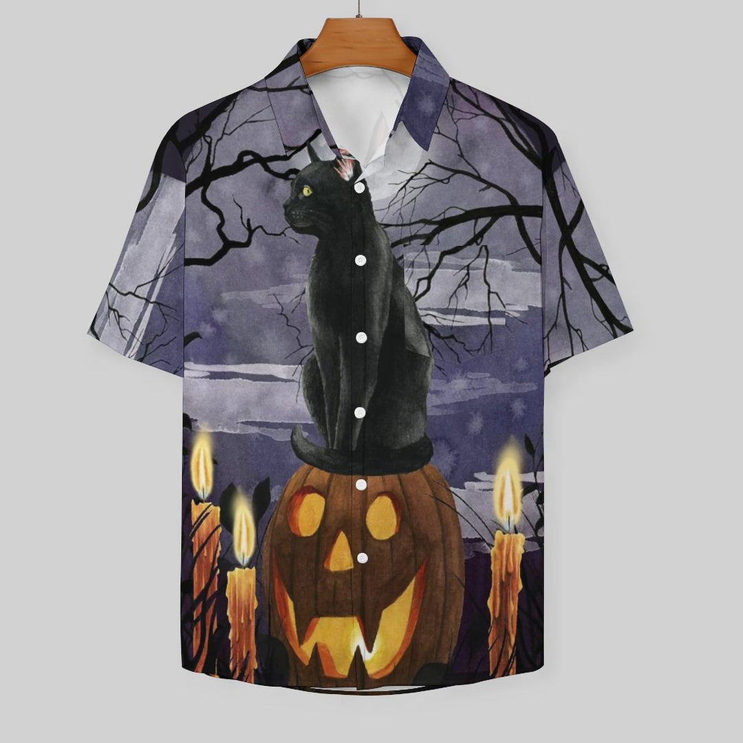 Halloween Black Cat Casual Chest Pocket Short Sleeve Shirt 2309000279