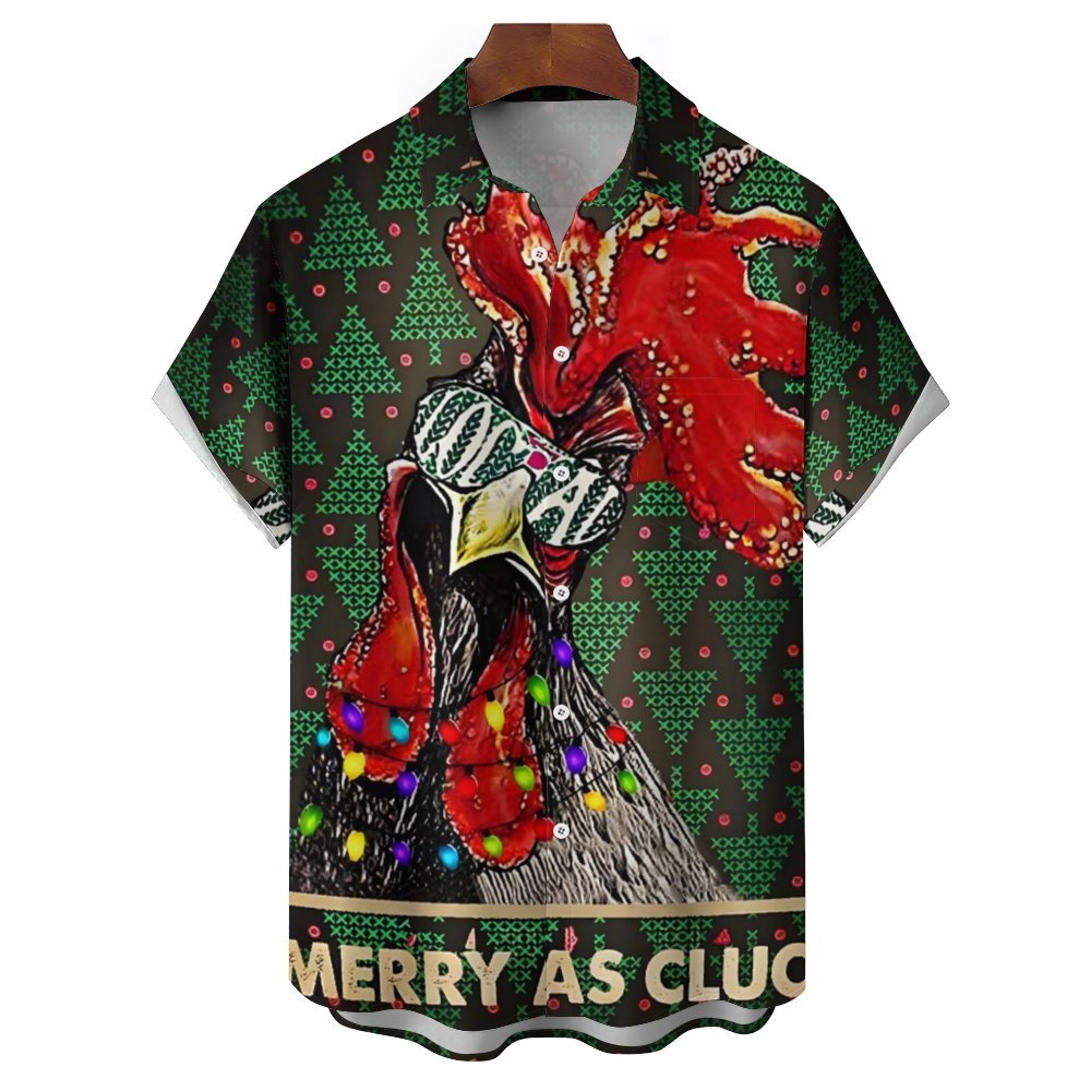 Christmas Rooster Chest Pocket Short Sleeve Casual Shirt 2310000983