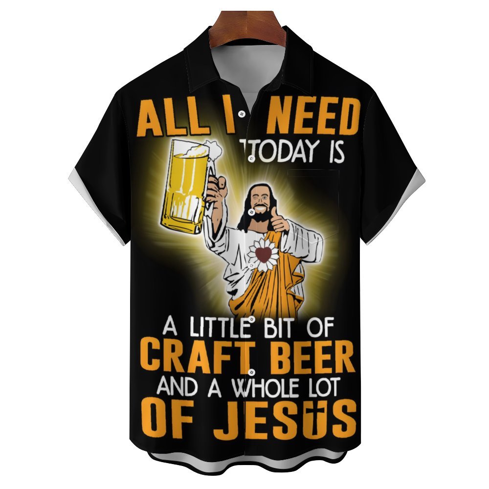 Jesus Beer Chest Pocket Short Sleeve Casual Shirt 2311000451