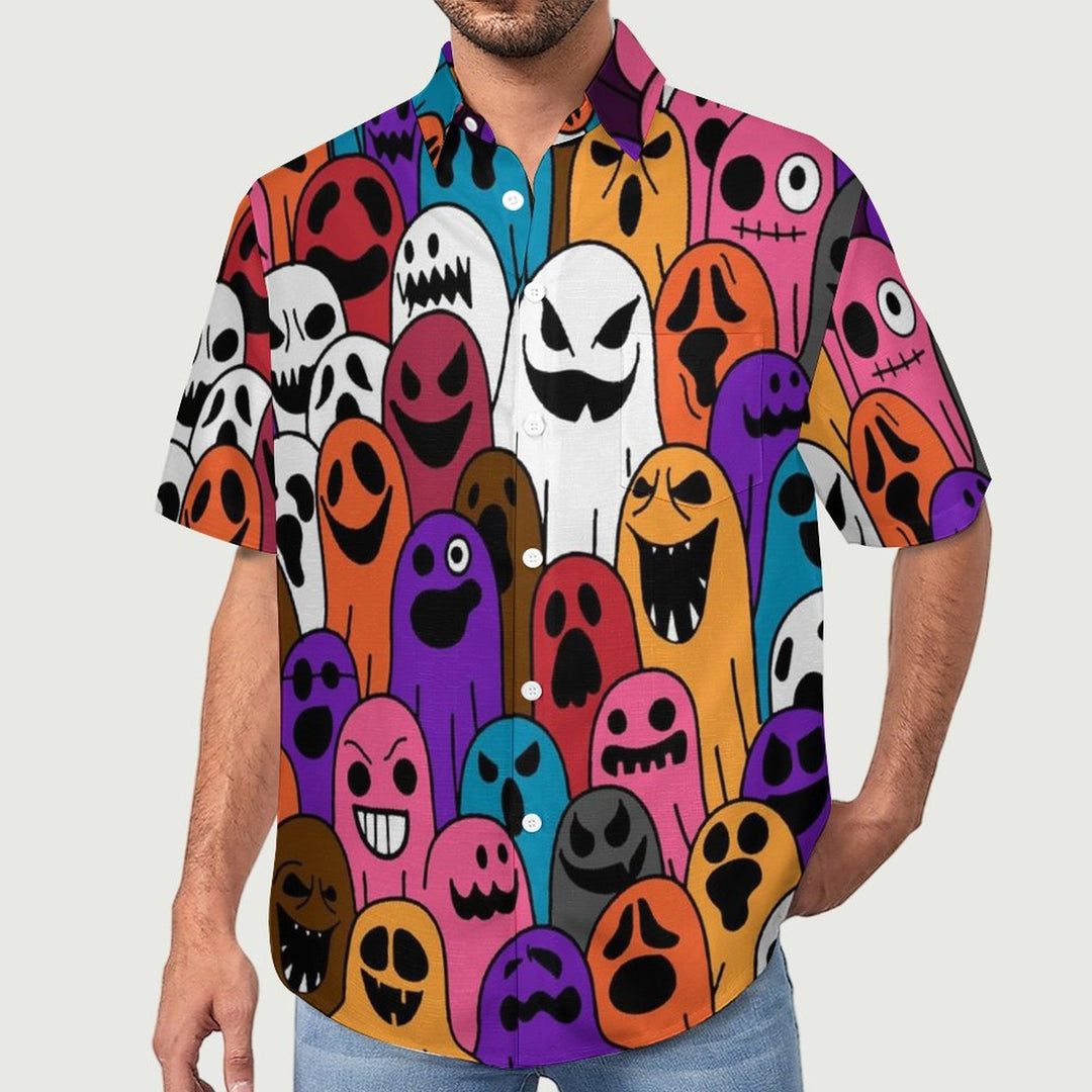 Spooky Halloween print Moisture-wicking cotton and linen Relaxed chest pocket short-sleeved shirt 2307101678
