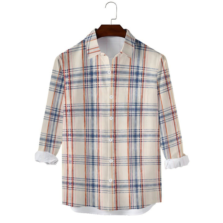 Men's Casual Beach Vacation Off-White Plaid Printed Long Sleeve Shirt 2312000200