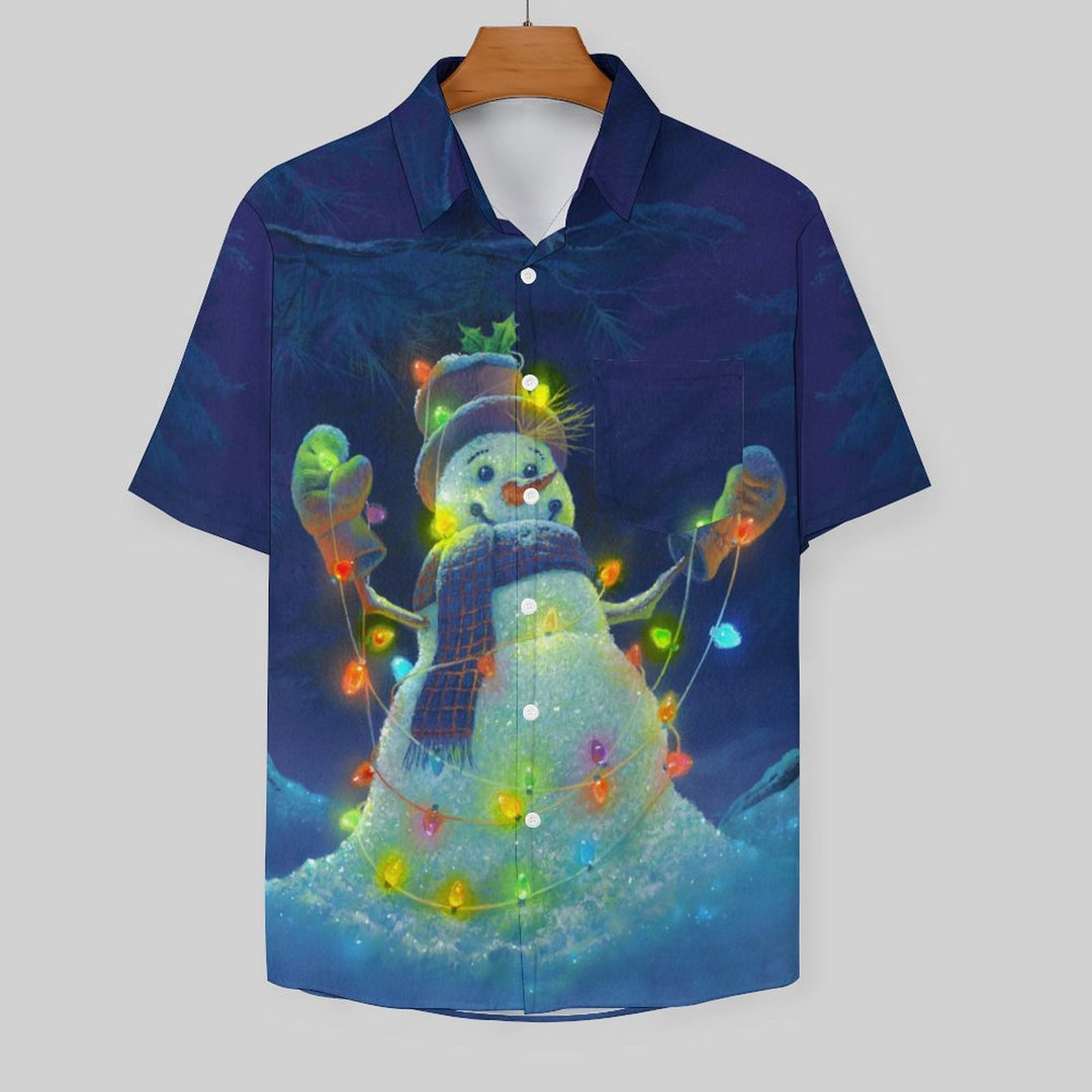 Casual Snowman Print Chest Pocket Short Sleeve Shirt 2309000348