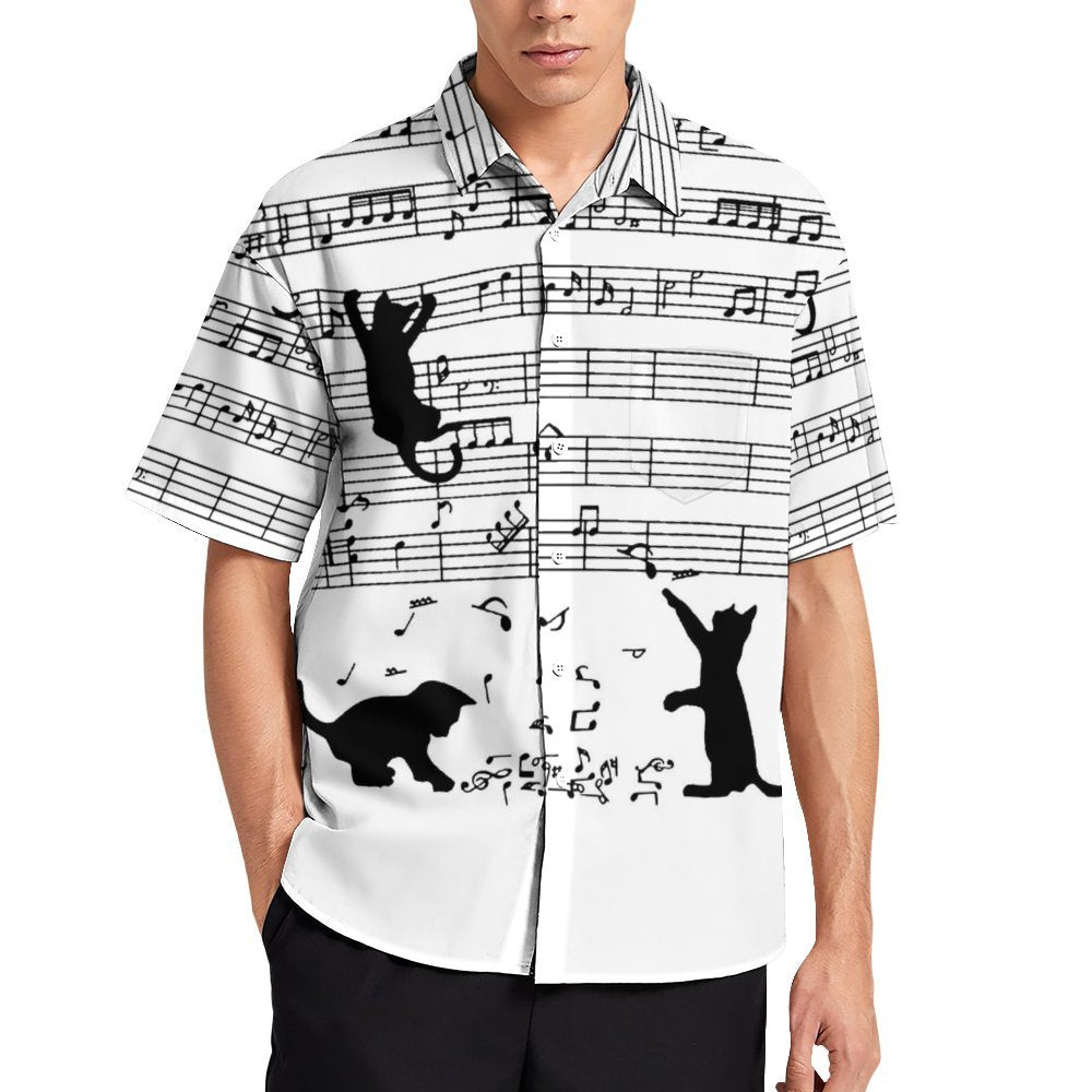 Casual Music Symbol Printed Chest Pocket Short Sleeved Shirt 2309000770