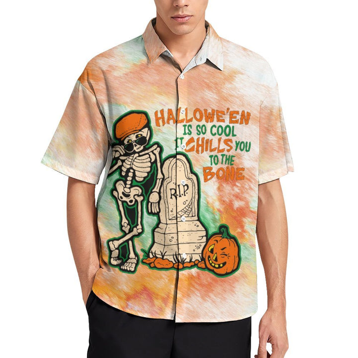 Casual Halloween Skull Print Chest Pocket Short Sleeved Shirt 2309000685