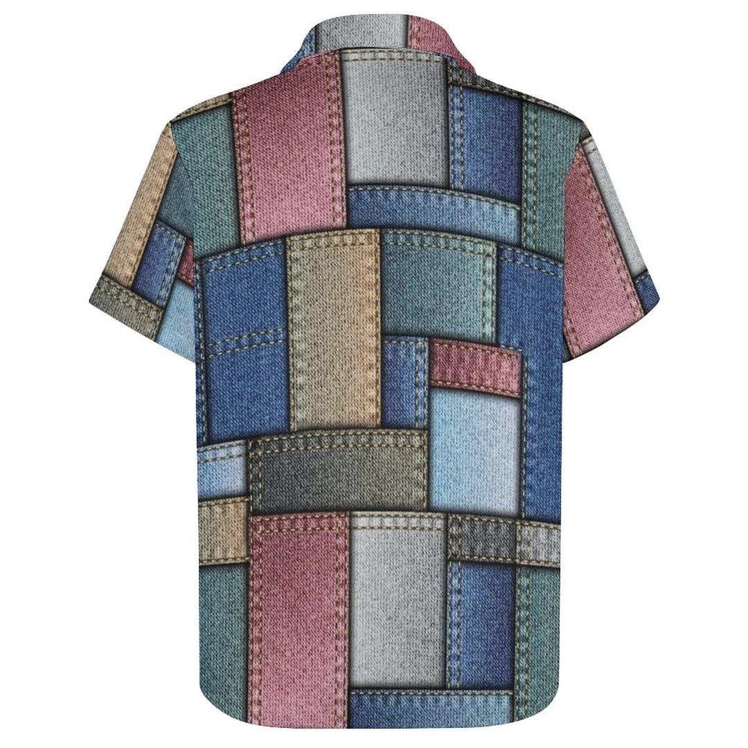 Denim Stitching Print Casual Breast Pocket Short Sleeve Shirt 2309000057