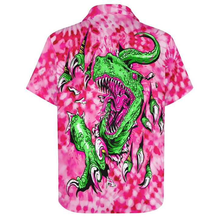 Tie Dyed Dinosaur Print Casual Chest Pocket Short Sleeved Shirt 2309000588