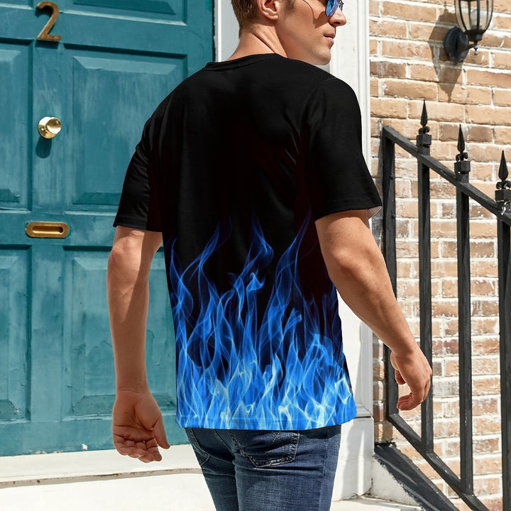Men's Plus Size Crew Neck Blue Flame Print Casual T-Shirt 2307101661