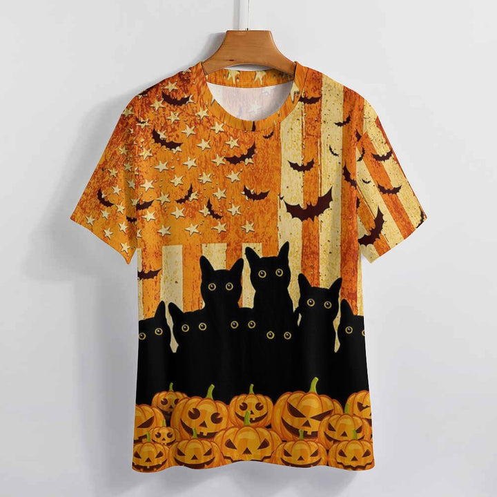 Halloween Cat Casual Crew T-Shirt 2308101054