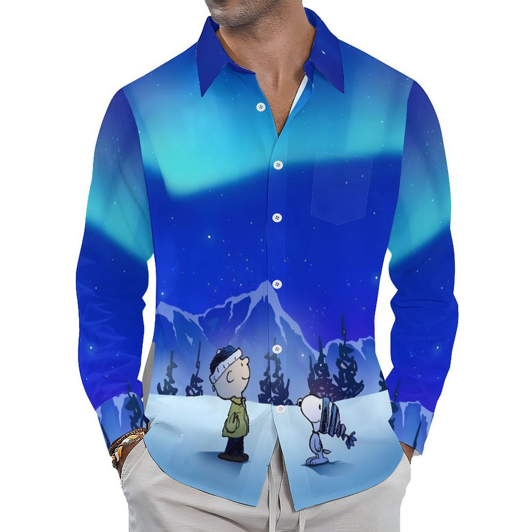 Men's Casual Cartoon Character Aurora Printed Long Sleeve Shirt 2401000056
