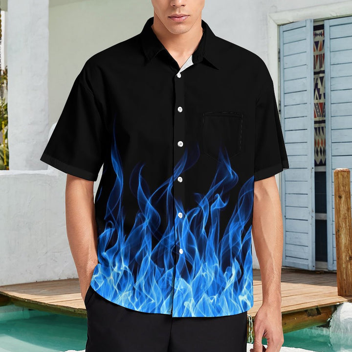 Men's Blue Flame Print Casual Fashion Short Sleeve Shirt 2307101276