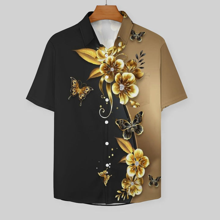 Casual Floral Print Chest Pocket Short Sleeved Shirt 2309000814