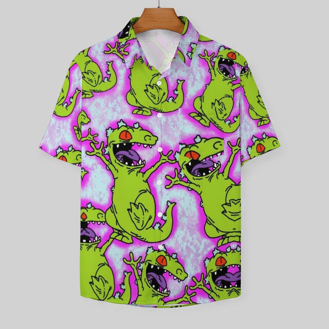 Men's Monster Print Casual Chest Pocket Short Sleeve Shirt 2309000648