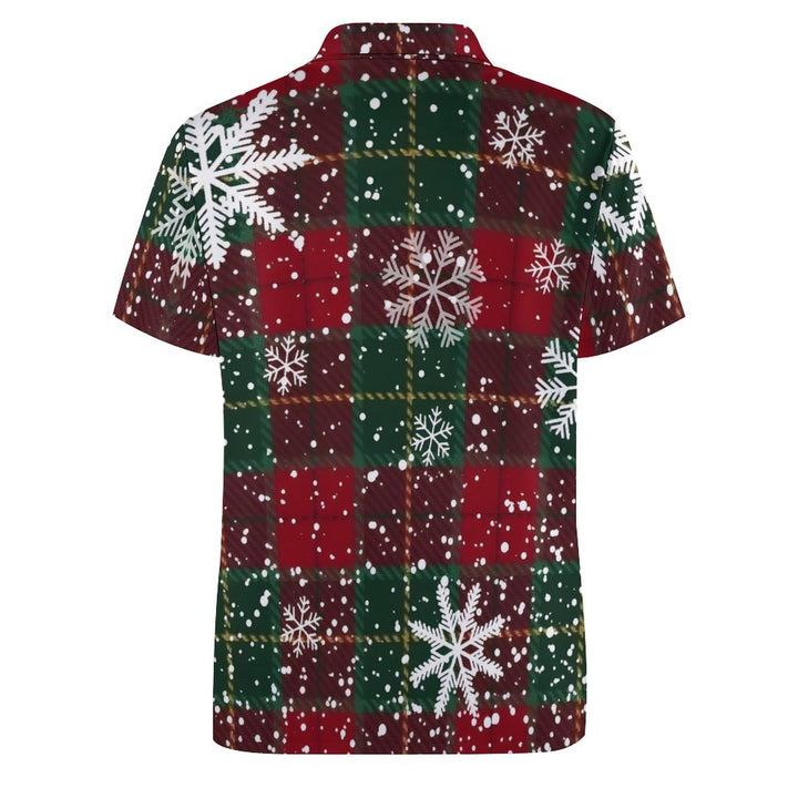 Men's Button-Down Short Sleeve Snowflake Red Check Polo Shirt 2312000284