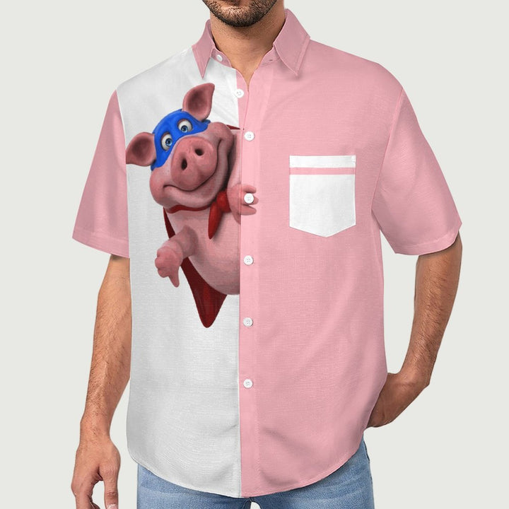 Men's Pink Cute Pig Color Block Short Sleeve Shirt 2305105251