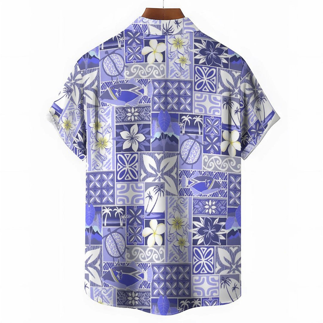Hawaiian Flower Fish Geometric Splicing Art Casual Short Sleeve Shirt 2401000412