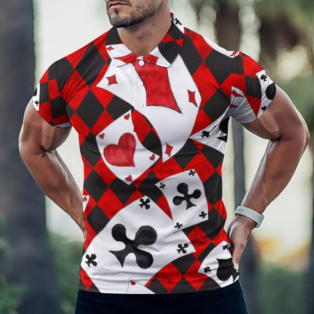 Men's Button-Down Short Sleeve Poker Print Polo Shirt 2312000161