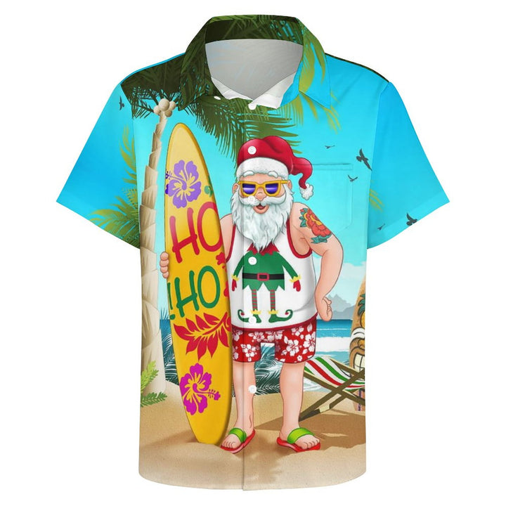 Santa Surfboard Casual Print Chest Pocket Short Sleeve Shirt 2308100133