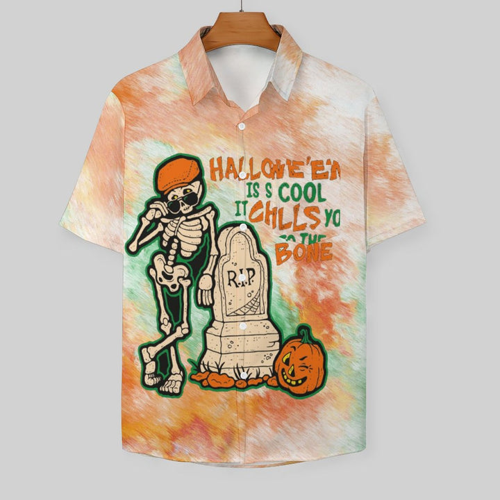 Casual Halloween Skull Print Chest Pocket Short Sleeved Shirt 2309000685