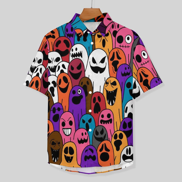Spooky Halloween print Moisture-wicking cotton and linen Relaxed chest pocket short-sleeved shirt 2307101678