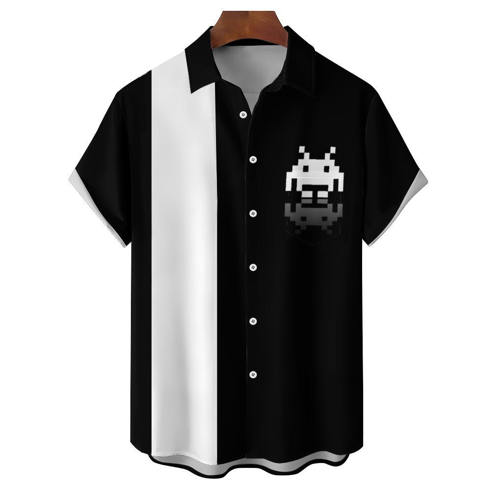 Digital Invaders Game Stripes Casual Short Sleeve Shirt 2312000298