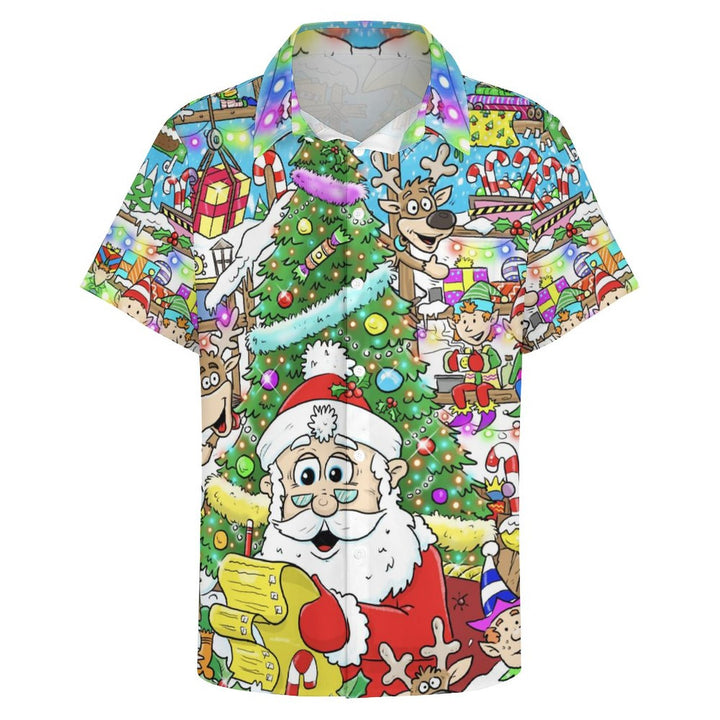 Christmas Print Casual Chest Pocket Short Sleeve Shirt 2309000637