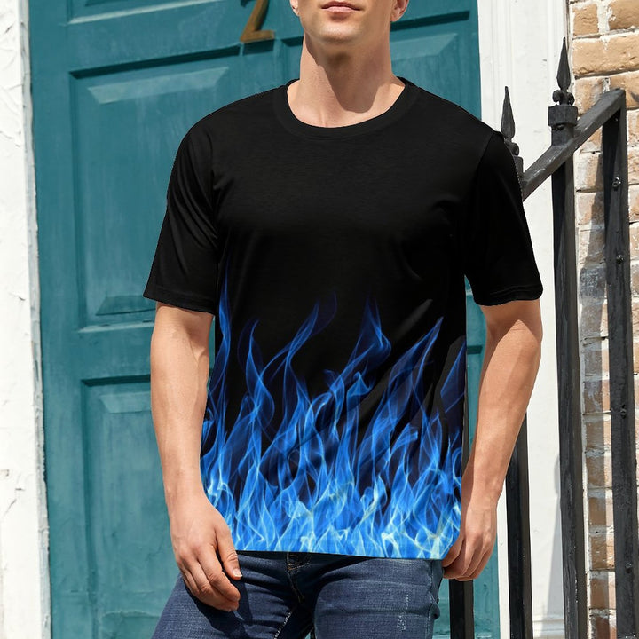 Men's Plus Size Crew Neck Blue Flame Print Casual T-Shirt 2307101661