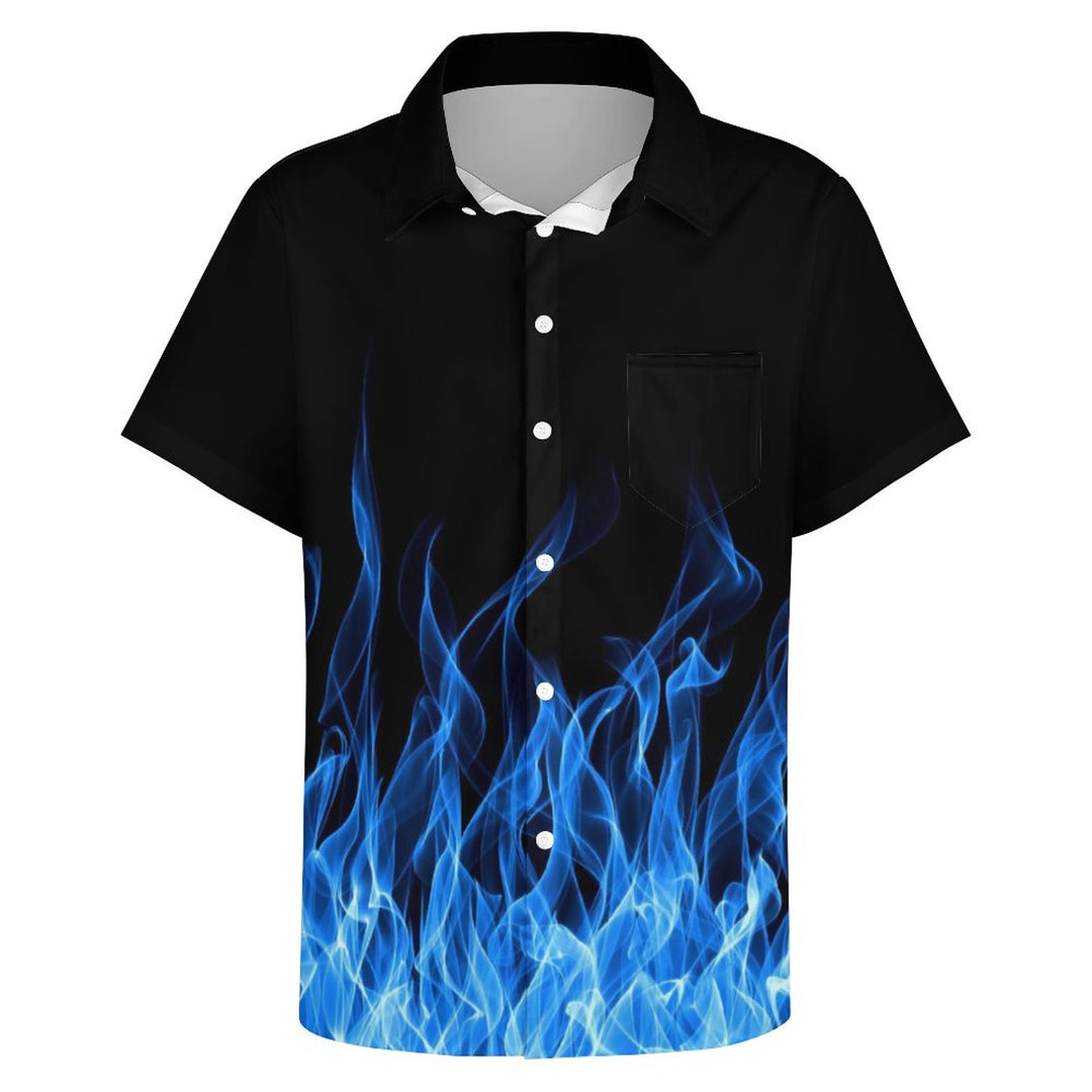 Men's Blue Flame Print Casual Fashion Short Sleeve Shirt 2307101276