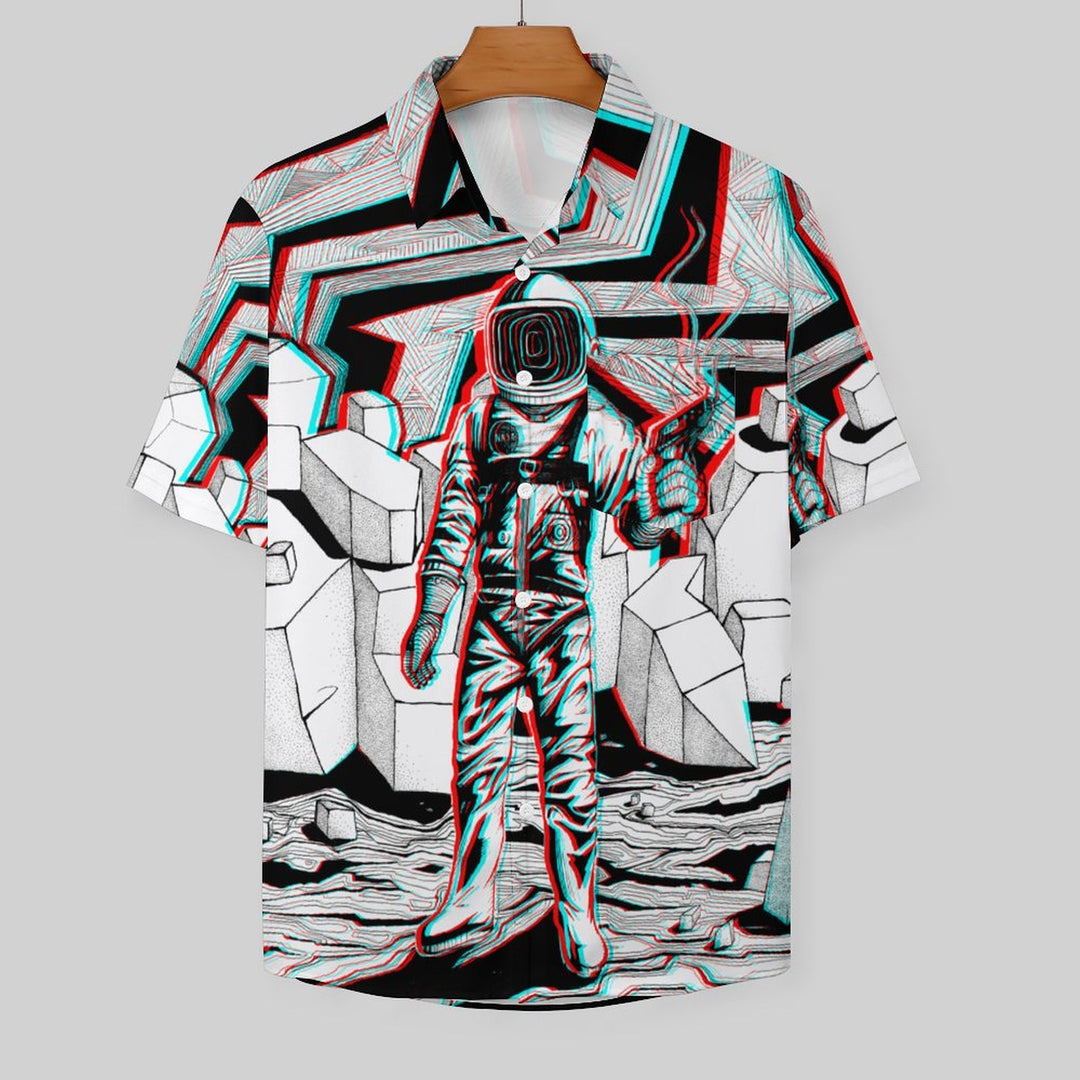 Casual Astronaut Print Chest Pocket Short Sleeve Shirt 2308100698
