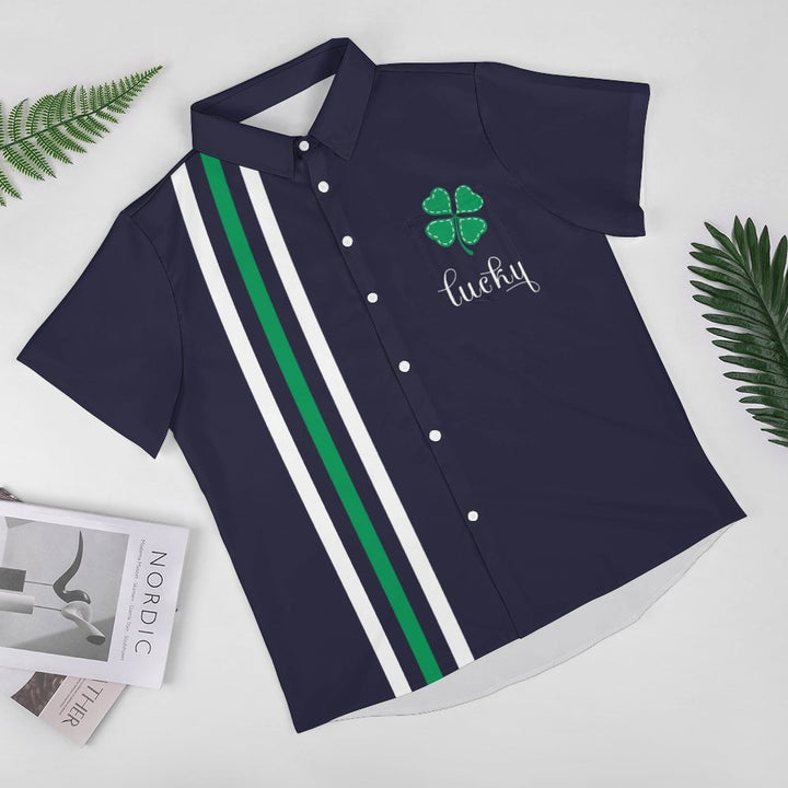 St Patrick‘s Day Lucky Shamrock Chest Pocket Short Sleeve Bowling Shirt 2312000417