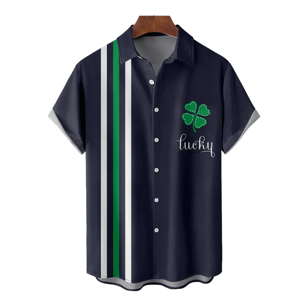 St Patrick‘s Day Lucky Shamrock Chest Pocket Short Sleeve Bowling Shirt 2312000417